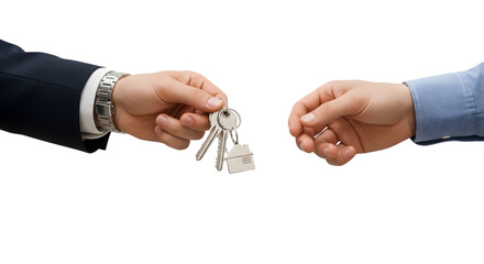 Real Estate Key Handover PNG Featuring Businessman Giving House Keys to Buyer for Property Ownership and Rental Agreement Concepts
