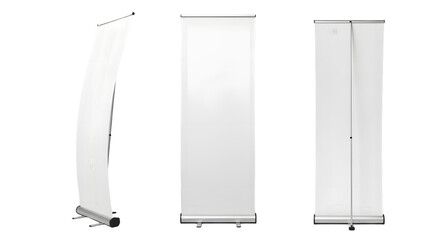 High Resolution PNG of Blank Retractable Banner Stand Set Featuring Front Side and Back Views for Trade Show Advertising and Event Display Mockups
