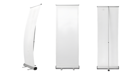 High Resolution PNG of Blank Retractable Banner Stand Set Featuring Front Side and Back Views for Trade Show Advertising and Event Display Mockups
