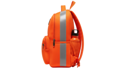 Bright orange safety backpack with reflective stripe and water bottle isolated on transparent background