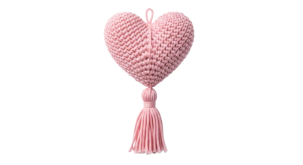 Pink knitted heart ornament with tassel isolated on transparent background
