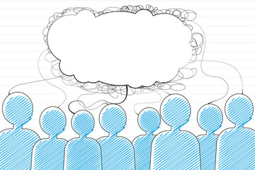 social poster, group of people searching for solution, thoughts, groupthink, team building. Space for advertising layout, sheets, web, social media, web, greeting cards background, banner, flyer.