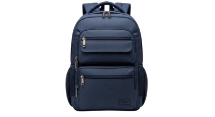 Modern navy blue laptop backpack for travel and work isolated on transparent background
