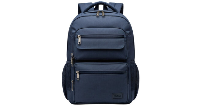 Modern navy blue laptop backpack for travel and work isolated on transparent background
