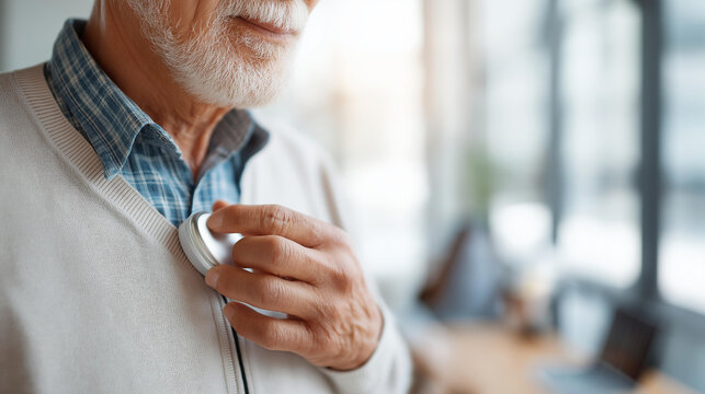 Cropped shot of faceless senior man pushing emergency button hung on chest elderly safety device medical alert system senior assistance technology urgent help activationy