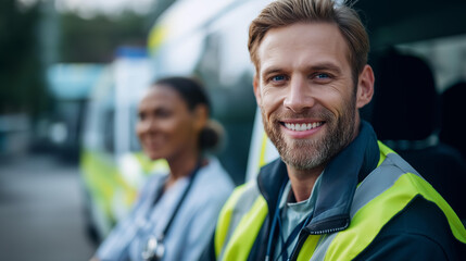Fototapeta premium Faceless paramedic smiling at camera male doctor standing against emergency car medical professional ambulance service worker healthcare responder first aid providery with