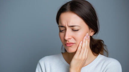 Fototapeta premium Faceless girl touching cheek with fingers dental pain gesture toothache indication oral discomfort mouth pain expression emergency dental needy with copy space