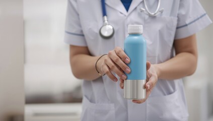 Health Worker Gives Water Bottle to Promote Hydration During a Public Health Campaign Event in a Clinic