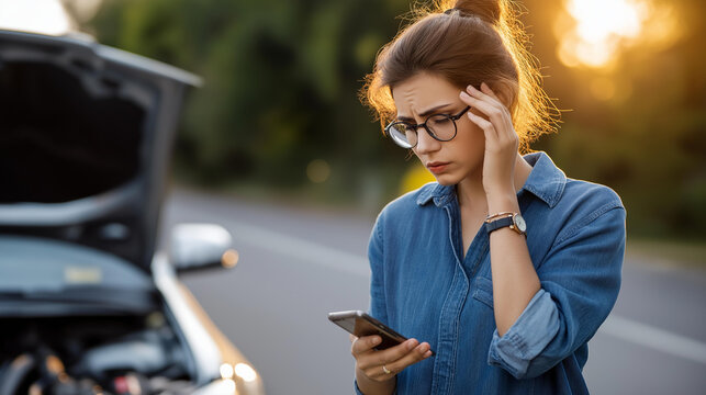 Faceless frustrated woman with car problem using phone late for work from engine crisis on road texting worried driver by stuck motor vehicle with stress or anxiety in emergency