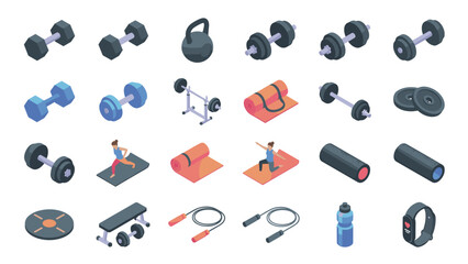 Obraz premium Isometric Fitness and Gym Equipment Icon Set with Dumbbells, Barbells, Kettlebells, Yoga Mats, Workout Bench, Jump Ropes, Water Bottle, and Smartwatch for Health, Wellness, and Exercise Apps.