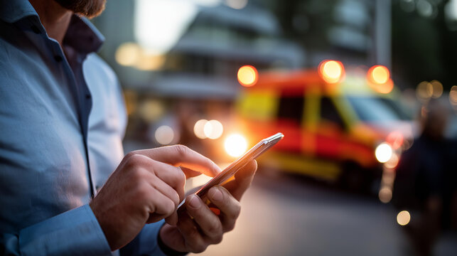 Defocused male holding cell phone with ambulance on background application for emergency call mobile crisis communication digital medical assistance smartphone rescue
