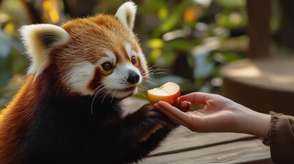 Obraz premium Heartwarming encounter as a zookeeper hand-feeds a red panda at a Japanese zoo
