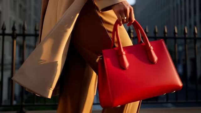 Stylish woman legs walking on city street holding a red leather handbag in golden light, illustrating urban fashion and luxury shopping.