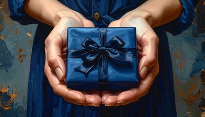 A person holding a beautifully wrapped blue gift box with a bow.