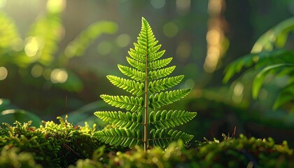 Fern frond in a forest, illuminated by sunlight.