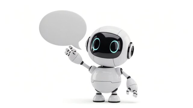 A cute white robot with glowing eyes points to a blank speech bubble indicating communication or an announcement motion animated 4K video.