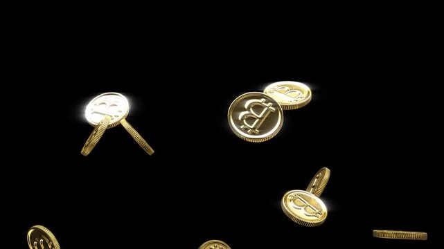 Golden bitcoins fly up and slowly fall down on a transparent background.