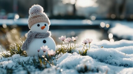 Obraz premium Snowman stands proudly among spring flowers on melting snow