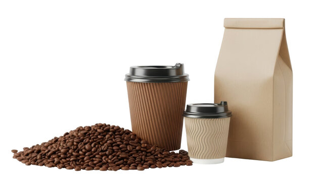 Assorted coffee essentials including beans, cups, and packaging
