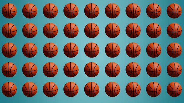 Multiple orange basketballs spinning in a symmetrical grid pattern against a teal background in a seamless 3D loop, illustrating sports competition concepts