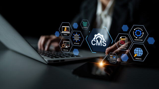 Concept of a Content Management System (CMS). A platform for website administration, digital content creation, workflow management, and e-commerce integration. Fermion