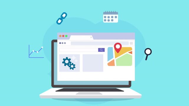 Laptop displaying website with map and analytics icons for digital marketing strategy.