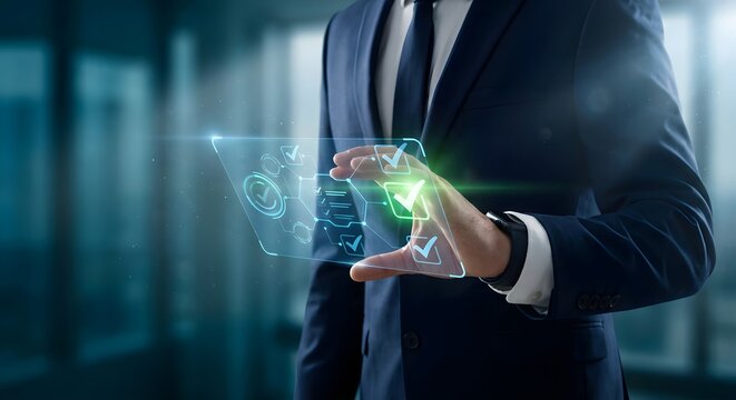 Person reviewing digital checklist with glowing interface in modern office building, focusing on efficiency and success. - Powered by Adobe