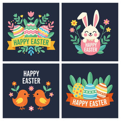 Fototapeta premium Happy Easter Illustration Collection with Cute Pink Bunny, Yellow Chicks, and Patterned Eggs. Festive Vector Graphic Set with Floral Elements and Ribbon Banners on Dark Blue Background.