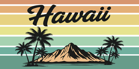 Stylish Hawaii landscape vector combining mountain, beach, and palm trees. Perfect for travel branding, posters, summer vacation graphics, and island themes. © yossi
