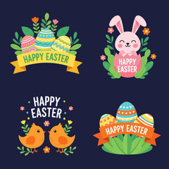 Fototapeta premium Happy Easter Illustration Collection with Cute Pink Bunny, Yellow Chicks, and Patterned Eggs. Festive Vector Graphic Set with Floral Elements and Ribbon Banners on Dark Blue Background.