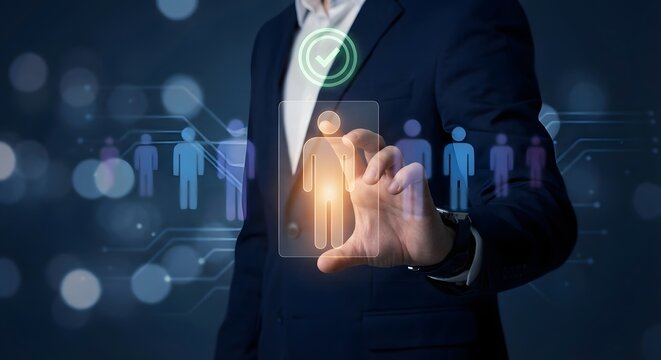 Business professional selecting a candidate from a network of people using digital interface technology. - Powered by Adobe