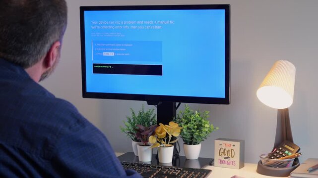 PHALT BLYX Blue Screen ClickFix Style Social Engineering Attack Example as Middle Aged Victim Executes Shell Script Payload Delivery Cyber Concept