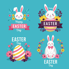 Obraz premium Happy Easter Illustration Collection with Cute White Bunnies, Patterned Eggs, and Floral Wreaths. Festive Vector Graphic Set for Spring Holiday Greeting Cards and Decor on Blue Background.