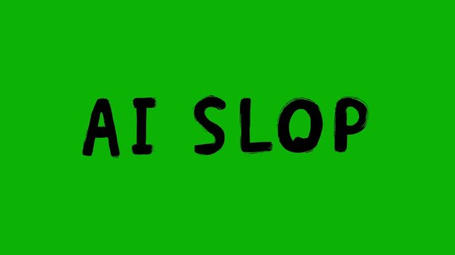 A bold black "AI SLOP" acronym in a playful, handwritten font style isolated on a chroma key green backdrop. This trendy digital asset is perfect for social media overlays, tech-themed memes, and vira