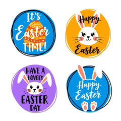 Fototapeta premium Happy Easter Sticker Set with Cute White Bunny Faces, Patterned Eggs, and Festive Typography. Vector Labels Collection for Spring Holiday Celebration, Kids Decor, and Greeting Card Elements.