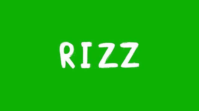 A clean white "RIZZ" acronym in a playful, handwritten font style isolated on a chroma key green backdrop. This trendy digital asset is perfect for social media overlays, dating-themed memes, and vira