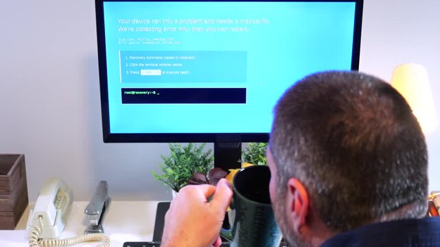 PHALT BLYX Blue Screen ClickFix Style Social Engineering Attack Example as Middle Aged Victim Executes Shell Script Payload Delivery Cyber Concept
