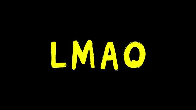 A bright yellow "LMAO" internet slang expression in a playful handwritten style, isolated on a solid black background. This high-contrast graphic is perfect for dark-themed video overlays, night-mode 