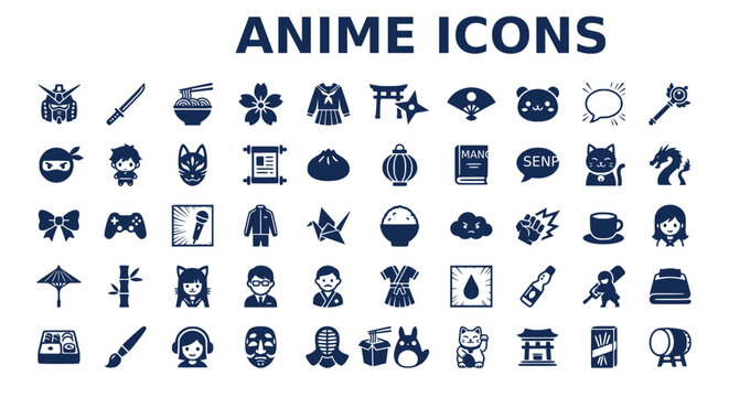 Anime and Manga Culture Flat Vector Icons Set - Japanese Pop Culture Symbols