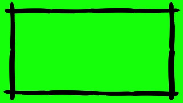 A dynamically animated black, hand-drawn rectangular frame with a rough, sketch-like texture, presented on a chroma key green background. This artistic element is perfect for accentuating video conten