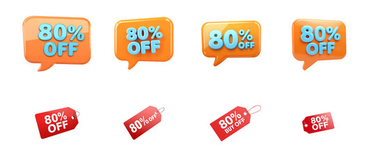 Collection of vibrant 80% off discount badges and price tags for promotional sales