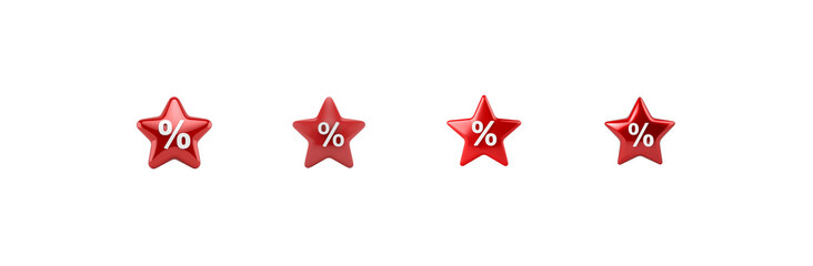 Four shiny red stars with percentage symbols indicating sale or discount offers
