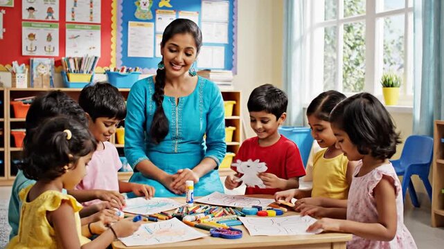 Teaching preschool art activity with young children around table