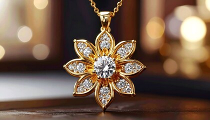 Elegant Gold Flower Pendant with Sparkling Diamonds on a Chain.