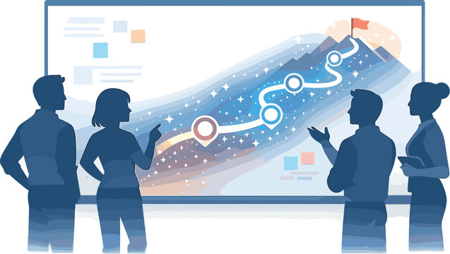 Collaborative Vision. Team goal scene with silhouettes around a digital whiteboard and a glowing roadmap path, subtle sparkle dust