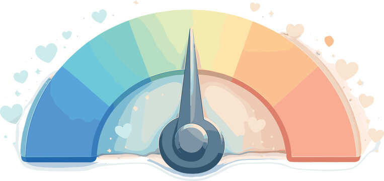 Emotional Intelligence Icon. Emotion balance dial icon with a smooth gauge needle centered, gentle glow halo and tiny heart-like