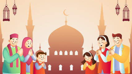 Two smiling cartoon families in colorful traditional attire with a greeting gesture.