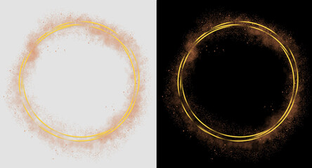Fototapeta premium Golden light spiral with space aura and glowing sparkles. Shiny round frame with glitter