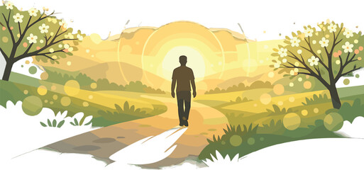 Sunrise Wellness Walk. Outdoor wellness walk with a person silhouette on a sunrise path through minimal blooming trees, pollen