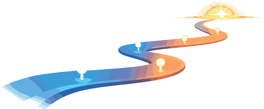 Visionary Road to Success. Horizon roadmap ribbon stretching into the distance with glowing milestone nodes and a bright star